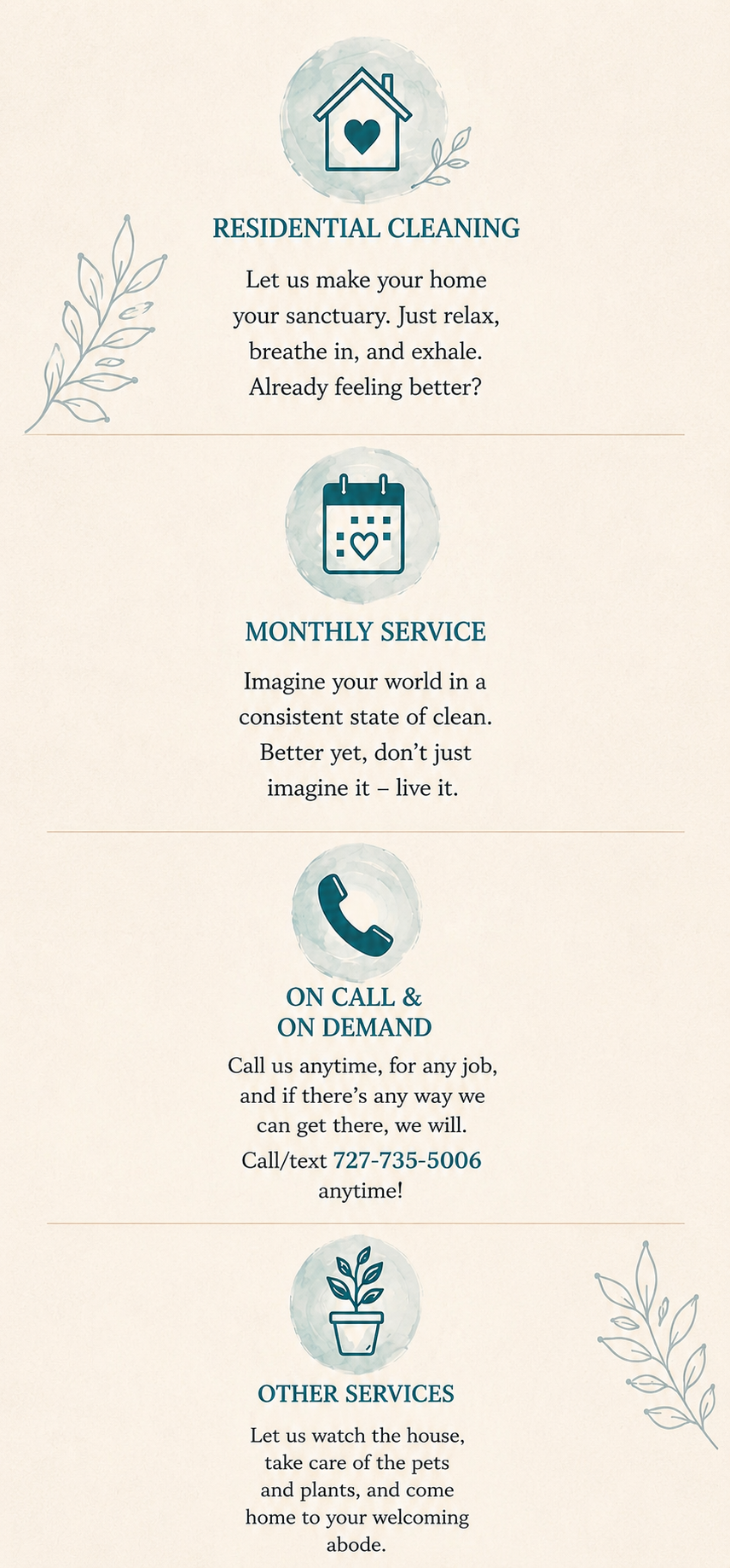 Residential Cleaning, Monthly Service, On Call and On Demand, Other Services